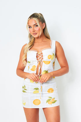 Erin Lemon Print Lace Up Front Sleeveless Top