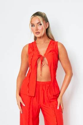 Eleanor Orange Lace Up Front Frill Detail Halterneck Top